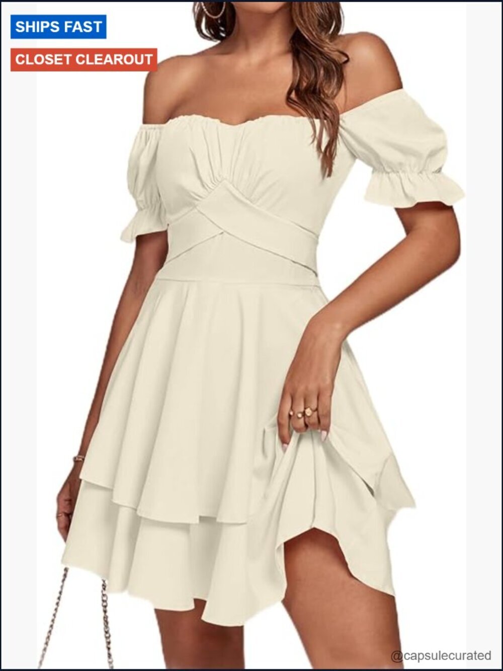 Off Shoulder Wrap Layer Ruffle Mini Dress, Tie Back, Short Sleeve, A Line